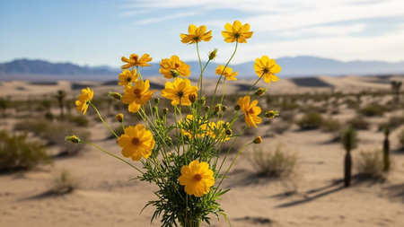 Yellow cosmos flowers in the Mojave Desert, California, USA.