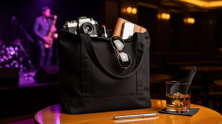 Black leather bag with camera, cigar and glass of whiskey on tableの写真素材