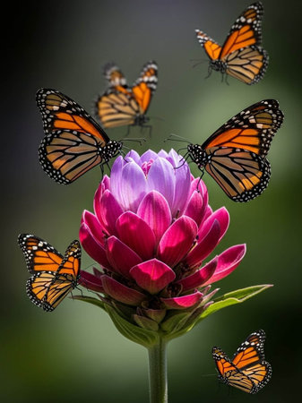 Three Monarch butterflies on a pink dahlia flower in the garden