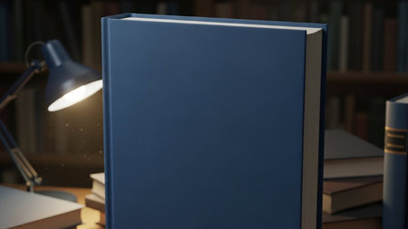 Blue book on bookshelf at night. 3d rendering.