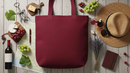 Red tote bag with wine, cheese, grapes and straw hat on wooden background