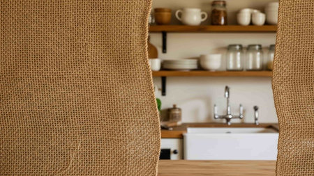 Coffee cup on wooden table in modern kitchen.