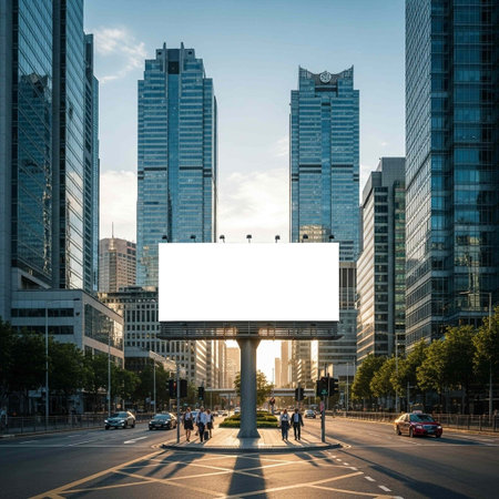 Blank billboard in the middle of the street with skyscrapers