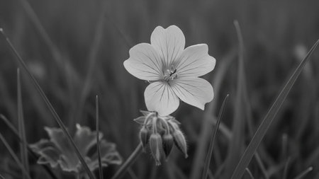 A single flower in the grass. Monochrome black and white photo.
