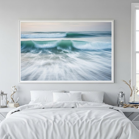 White bedroom interior with a white bed, a sea view and a poster on the wall. 3d rendering mock up