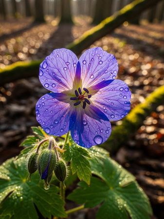 Blue geranium flower with raindrops on the petals in spring