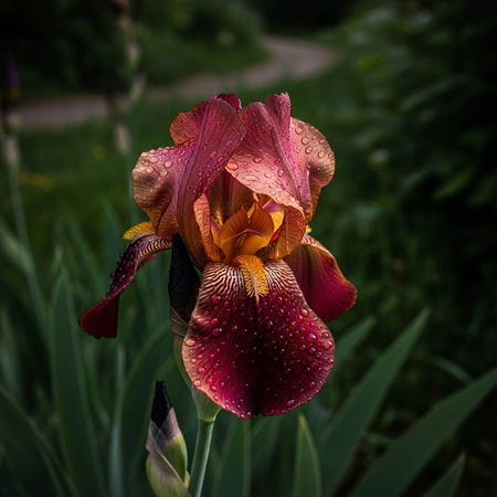 Beautiful iris flower with dew drops on petals.