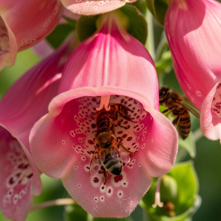 Close up of a pink foxglove (digitalis purpurea) with bees