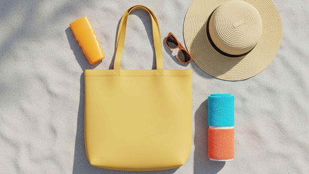 Beach accessories on the sand. Straw hat, sunglasses, sunscreen cream, flip flops. Top view
