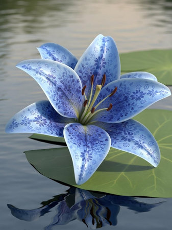 Beautiful blue lily flower on the water surface, closeupの写真素材