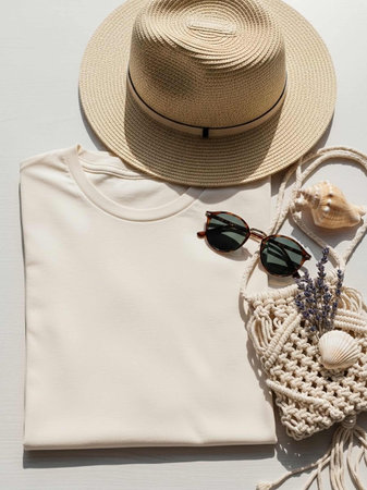 White t-shirt, straw hat, sunglasses and seashells on white wooden background