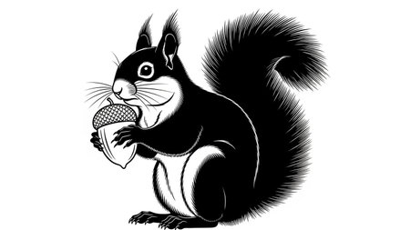Squirrel with acorn. Black and white vector illustration for your designの写真素材