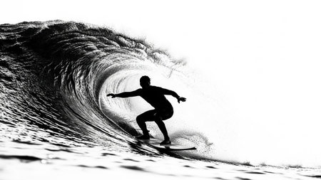 Surfer in action on the ocean wave. Black and white photo.
