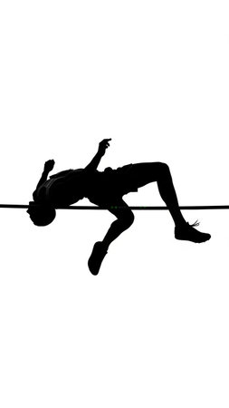 Silhouette of a man jumping over a rope against white background