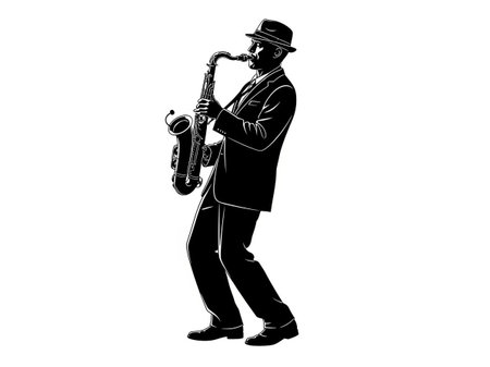 Saxophonist. Black silhouette on a white background. Vector illustration.の写真素材