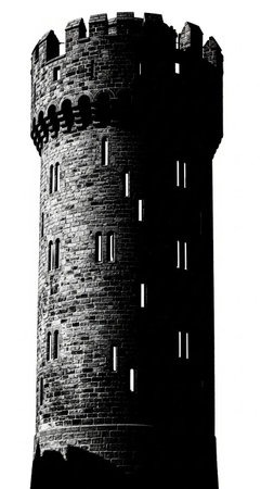 fortress tower isolated on a white background, monochrome imageの写真素材