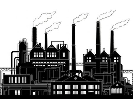 Industrial landscape with chimneys. Black and white vector illustration.の写真素材