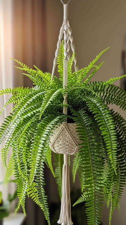 Green fern plant in a pot hanging on a macrame hanger