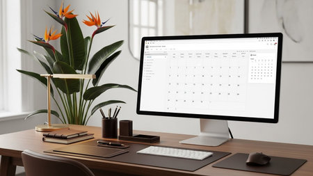 workplace with computer and calendar on table in office 3d rendering