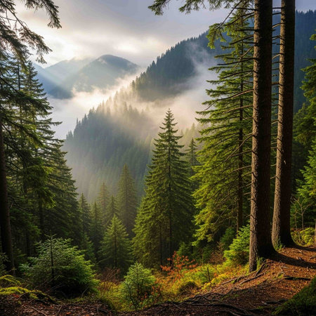 Misty morning in the Carpathian mountains. Ukraine, Europe. Beauty world.の写真素材