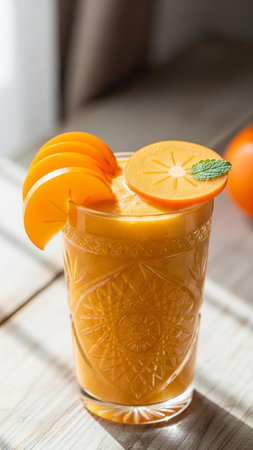 Refreshing orange smoothie with persimmon and mint, selective focusの写真素材