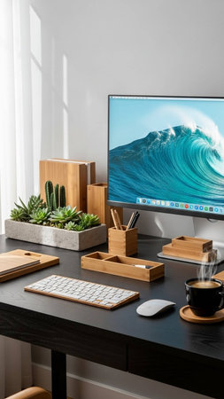 Wooden desk with computer, coffee cup and succulents in officeの写真素材