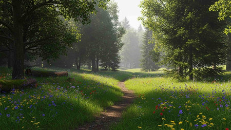 Beautiful summer landscape with meadow and forest. 3d render