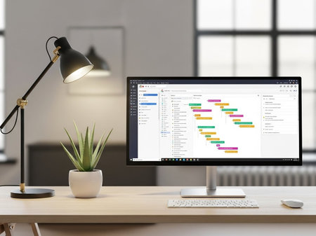 Workplace with modern computer, lamp and plant. 3d rendering