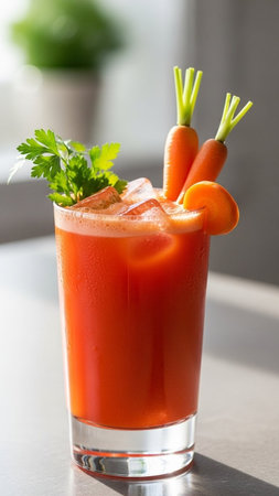 Glass of fresh carrot juice with parsley on table