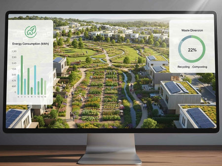 Digital composite of Smart home system with garden and cityscape on screen
