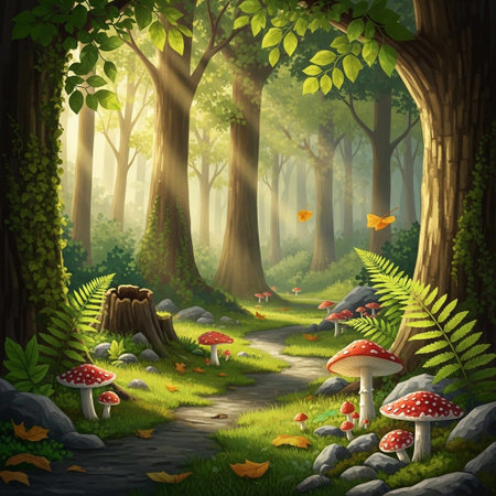 Fantasy forest with trees and mushrooms. Vector illustration for your designの写真素材