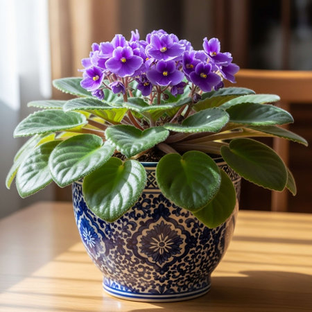 African violet (African violet) in a pot on the table.の写真素材