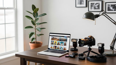 Workplace with laptop, camera and accessories on table in home office