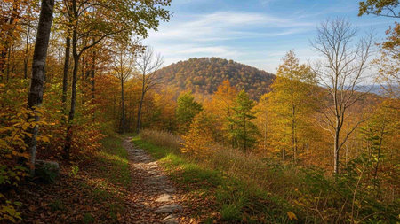 Autumn landscape with road in the mountains. Panoramic view.