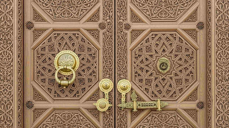 Wooden door with decorative elements in the oriental style, close-upの写真素材