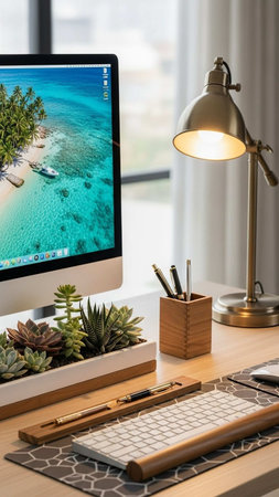 Workplace with modern computer on wooden table, mockup for designの写真素材