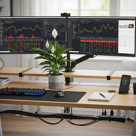 3d rendering of a computer desk with a lot of stock charts
