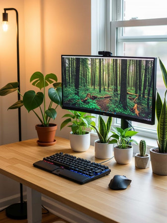 Computer on table in home office. Computer monitor, keyboard and green plants on table.の写真素材