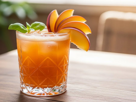 Cocktail with mango and basil on a wooden tableの写真素材