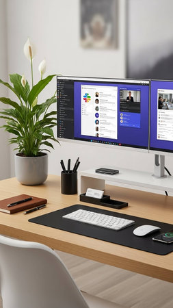 Workplace with computer on table in modern office, 3D rendering