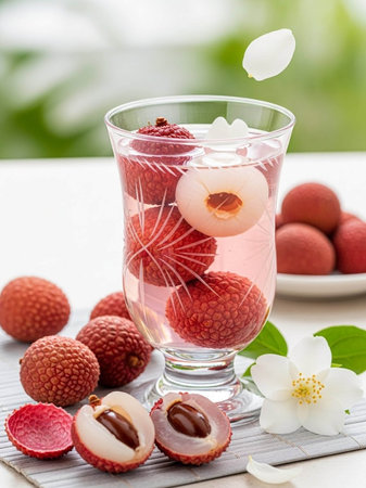 Lychee juice in a glass with fresh fruits and jasmineの写真素材