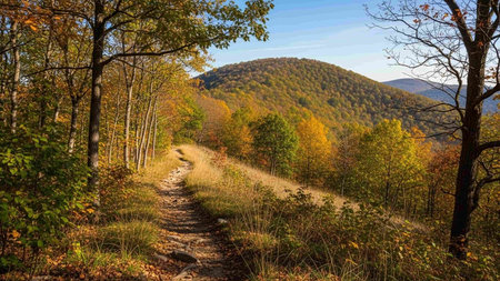 Path in the autumn forest on a sunny day. Carpathians, Ukraineの写真素材