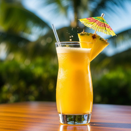 Pina colada cocktail on wooden table with palm trees in backgroundの写真素材