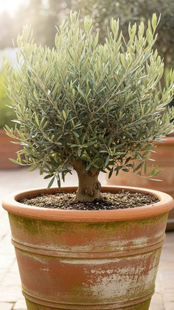 Olive tree in a pot on the terrace of the houseの写真素材