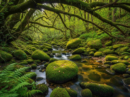 Mossy boulders on the bank of a stream in the forestの写真素材