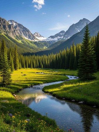 Mountain stream in the summer forest. Altai, Siberia, Russiaの写真素材