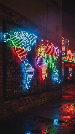 Neon world map on a brick wall in the night city.の写真素材