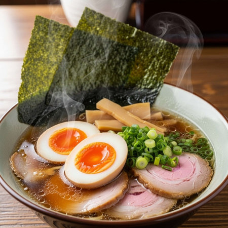 japanese miso ramen soup with pork, egg and seaweed