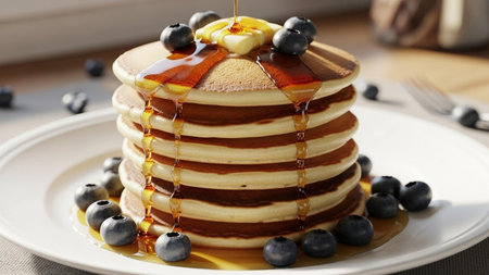Pancakes with honey and berries on a plate, closeup