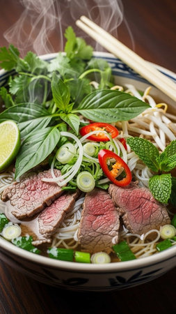 Asian style noodle soup with beef and vegetables in bowl on wooden table